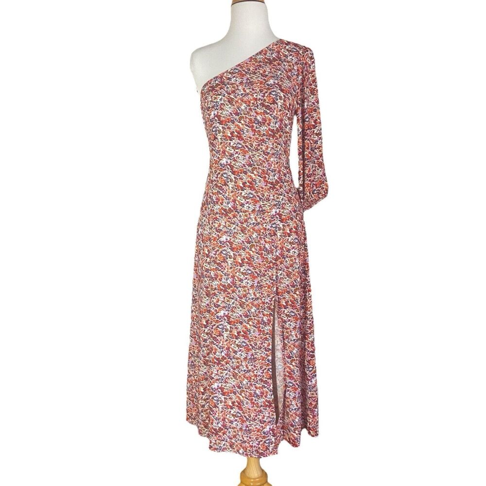 American Eagle One Shoulder Multicolor Floral Dress Size S Fit Flare Front Slit